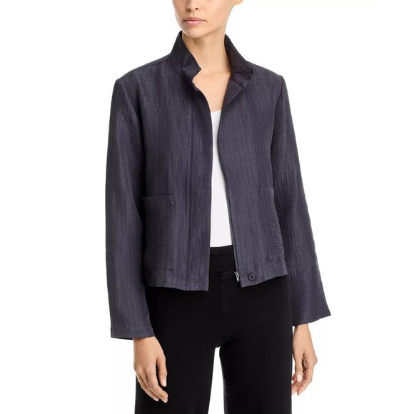 378$ EILEEN FISHER Stand Collar Silk & Linen-Blend Jacket Women's Size XL Gray - Picture 1 of 5